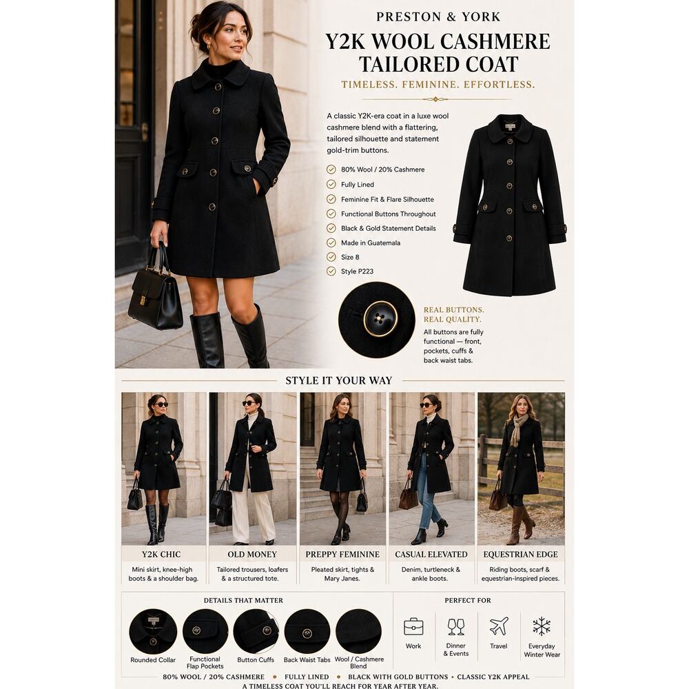 Preston & York Y2K Wool Cashmere Coat Women’s Sz 8 Black Gold Button Tailored - Picture 2 of 9